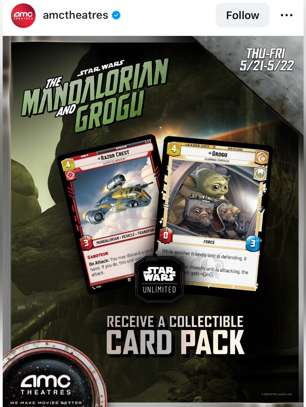 AMC Limited Edition Star Wars The Mandalorian & Grogu Collectible Promo Card